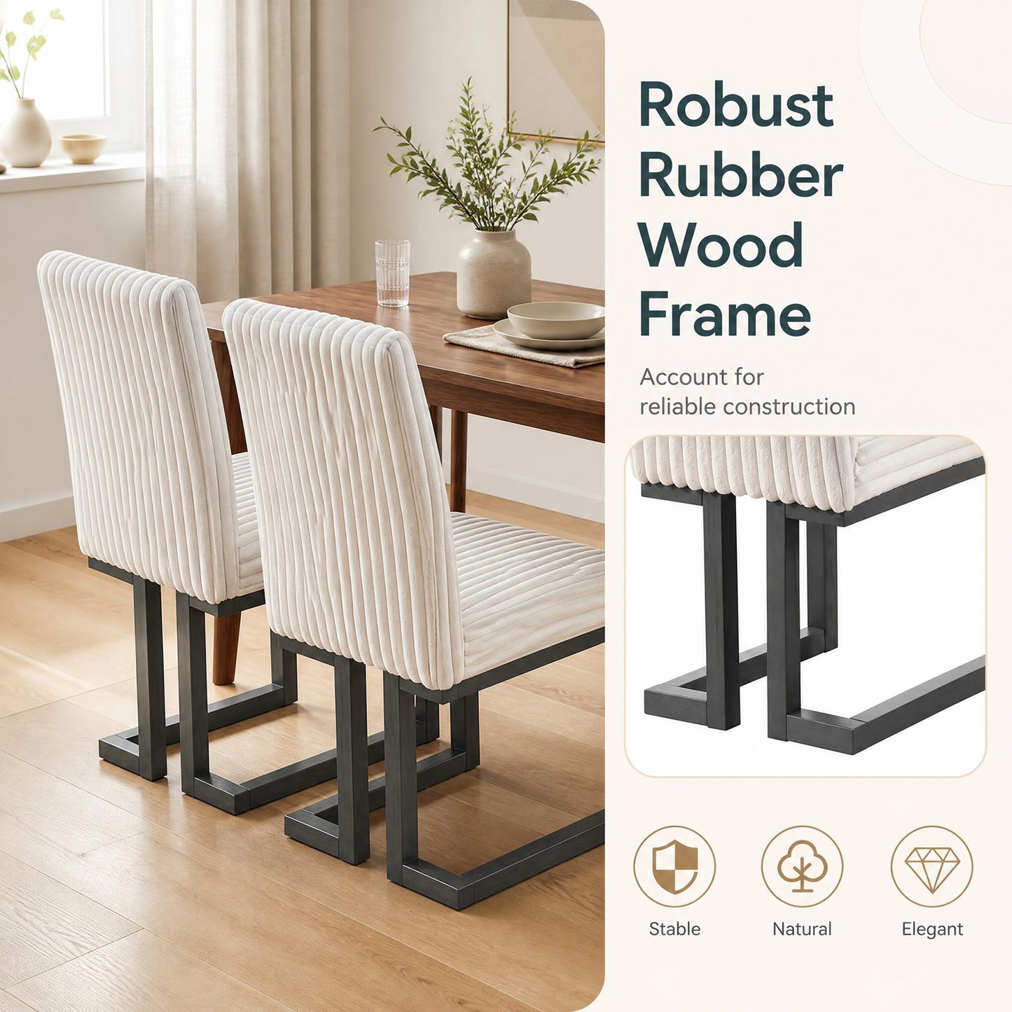 Patiojoy Modern Wood Dining Chairs Set of 2 Mid-Century Upholstered Kitchen Chairs with Thick Padded Seat Beige/White