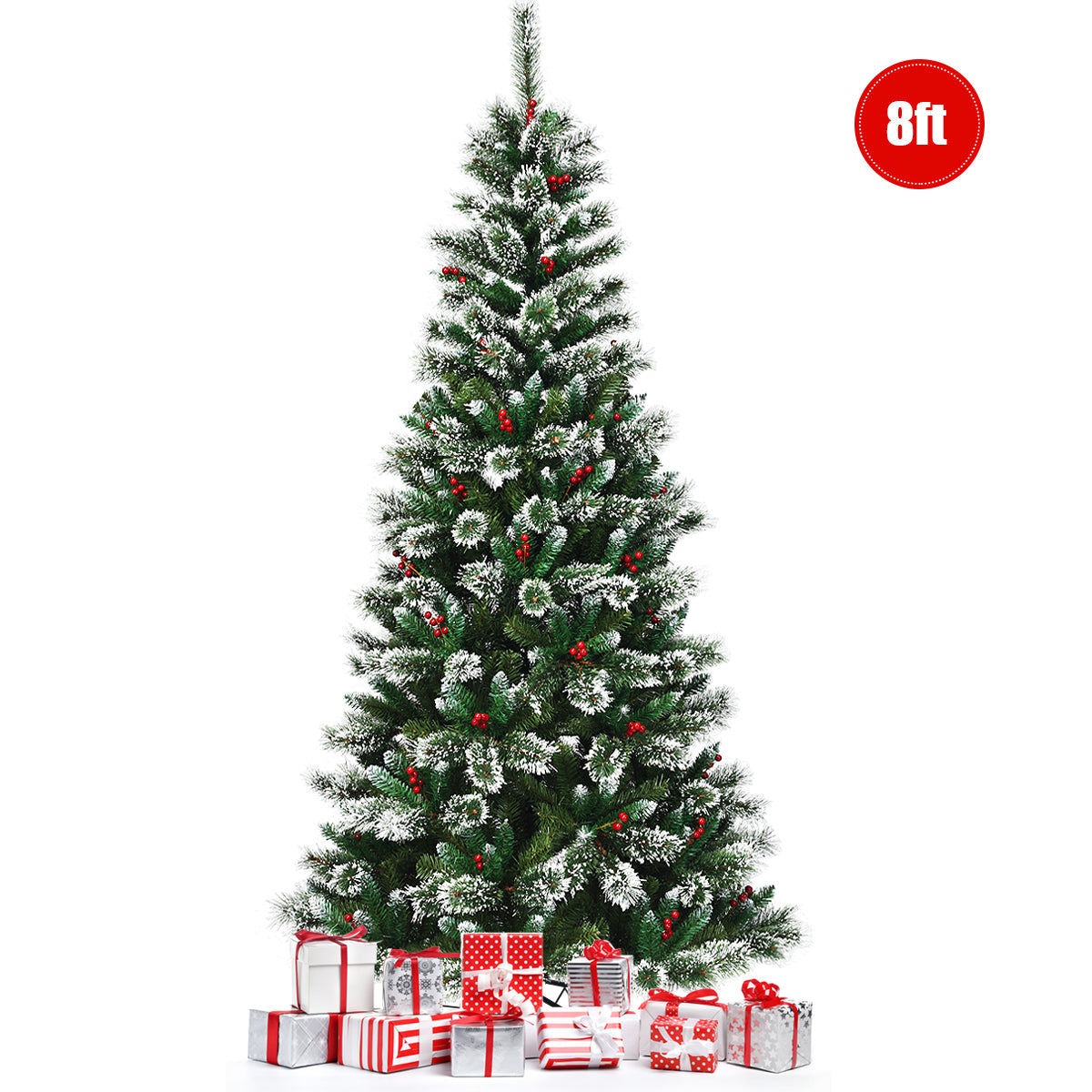 Topbuy 5/6/7/8FT Unlit Snow Flocked Artificial Christmas Tree Hinged Pine Decoration Tree