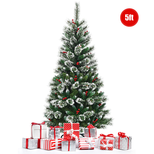 Topbuy 5/6/7/8FT Unlit Snow Flocked Artificial Christmas Tree Hinged Pine Decoration Tree