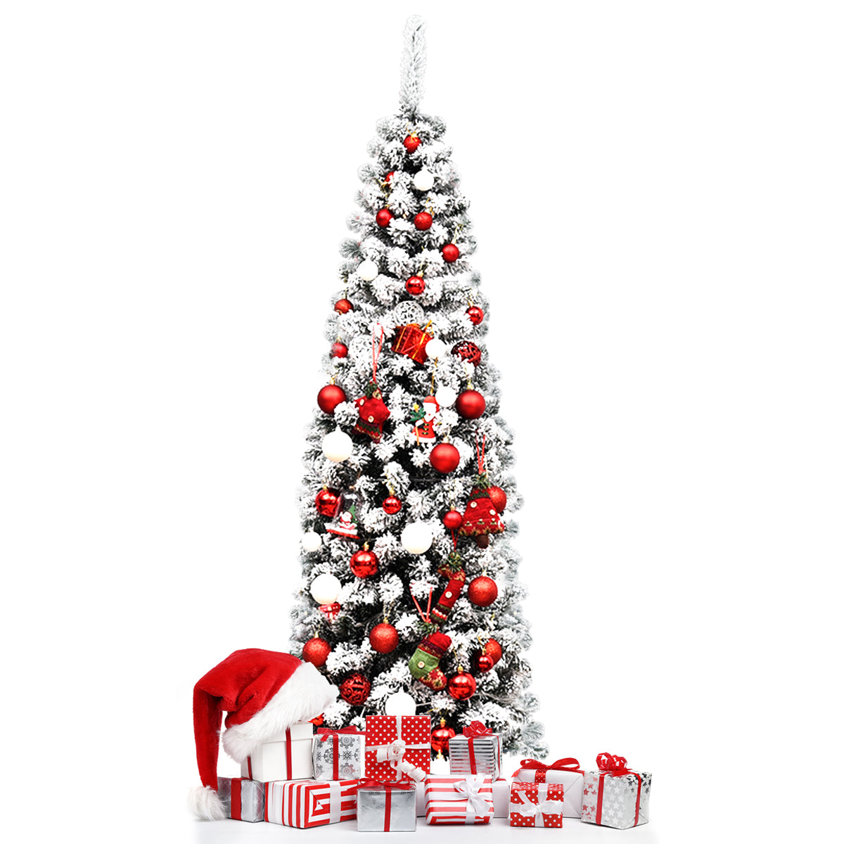 Topbuy 6ft Pencil Artificial Christmas Tree Snow Flocked Pencil Tree with Flexible Stand