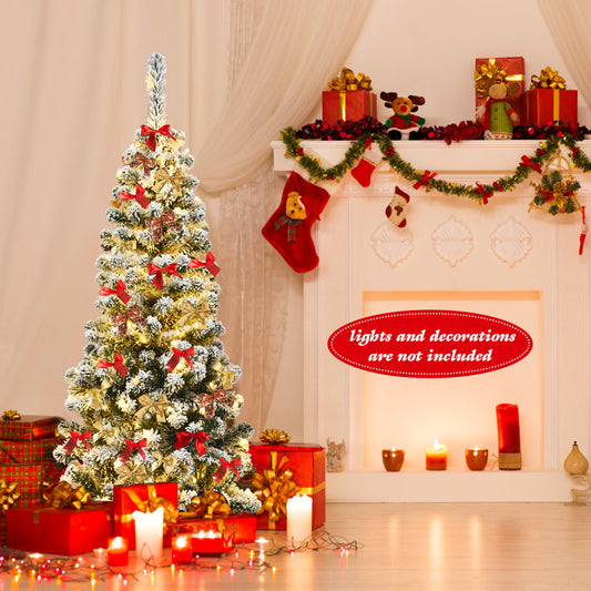 Topbuy Snow Flocked Pencil Pre-lit Christmas Tree with Flexible Stand Thick Leaves LED Lights