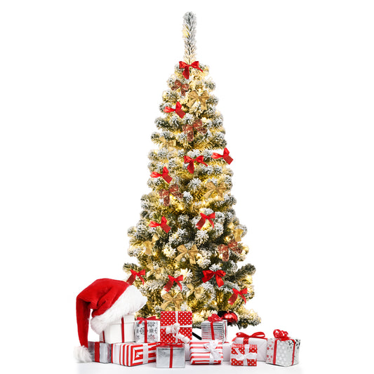 Topbuy Snow Flocked Pencil Pre-lit Christmas Tree with Flexible Stand Thick Leaves LED Lights