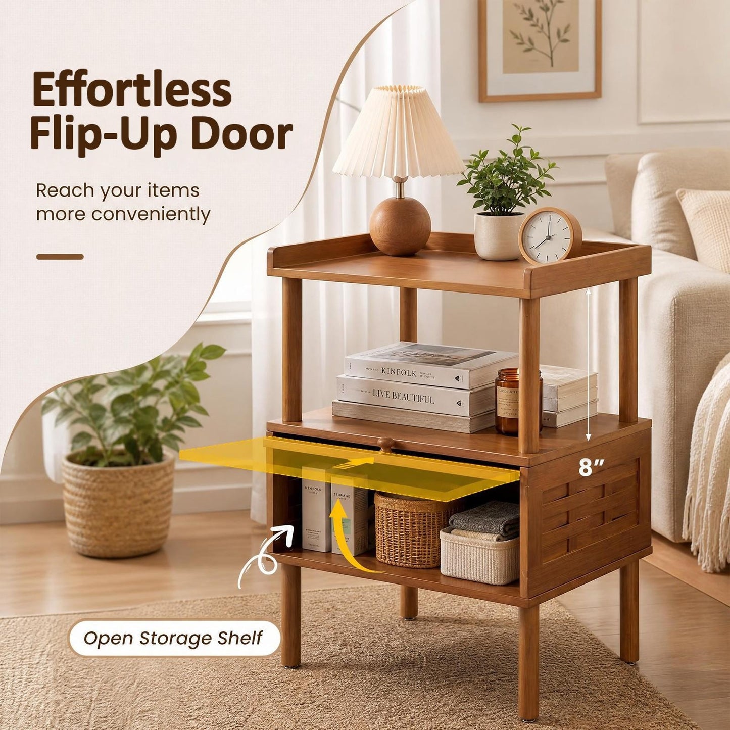 Patiojoy Natural Bamboo Rattan Nightstand Side Table With Open Shelf Raised Edge & Flip-Up Door for Bedroom Living Room