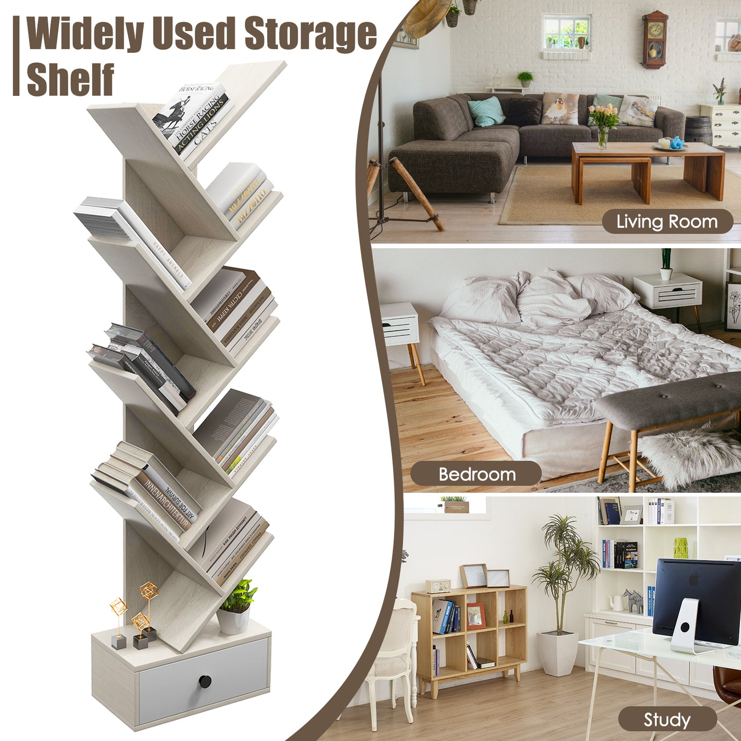 Patiojoy 10-tier Tree-shaped Bookshelf with Drawer Wood Bookshelf with 10 Compartments Home Organizer Display Shelf