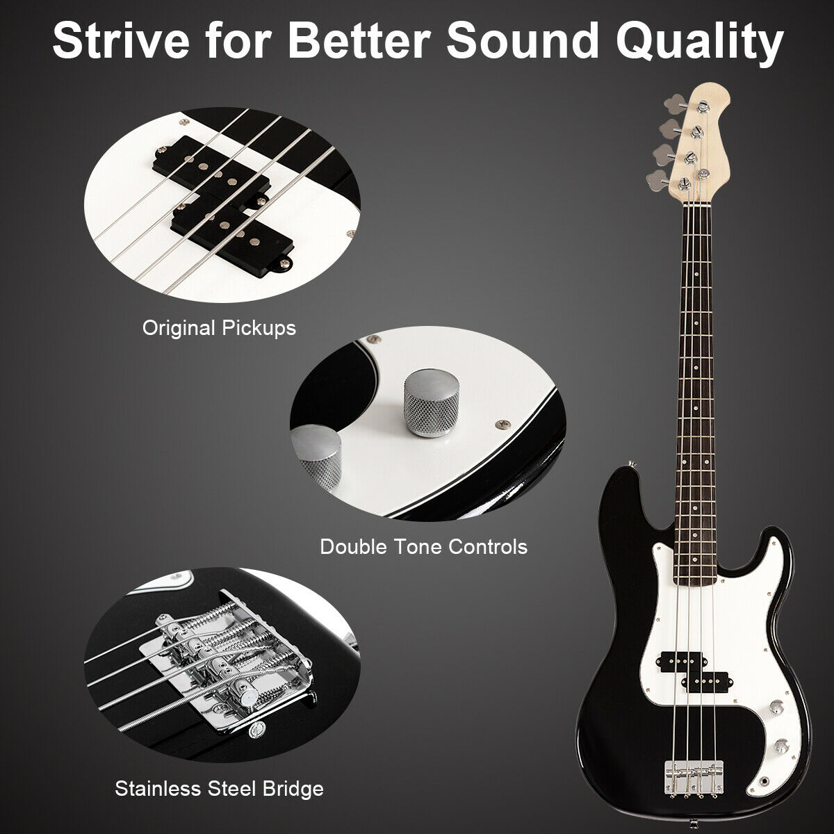 Topbuy Electric Bass Guitar Full Size 4 String for Beginners w/ Bag Amp Cord Black