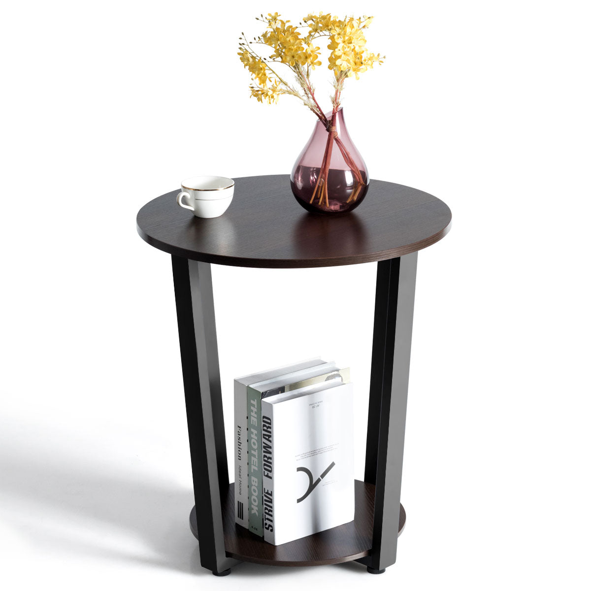 2-Tier Industrial Round End Table Metal Sofa Side Table with Storage Shelf Walnut