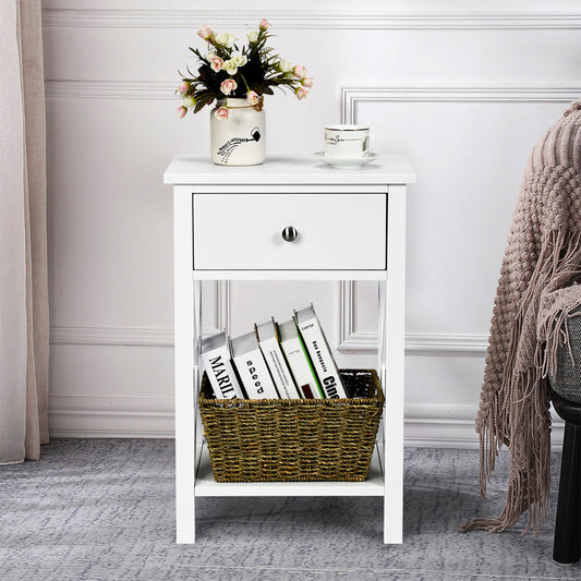 Topbuy 2-Piece X-Design Side End Table Multifunctional Nightstand with Drawer & Shelf White