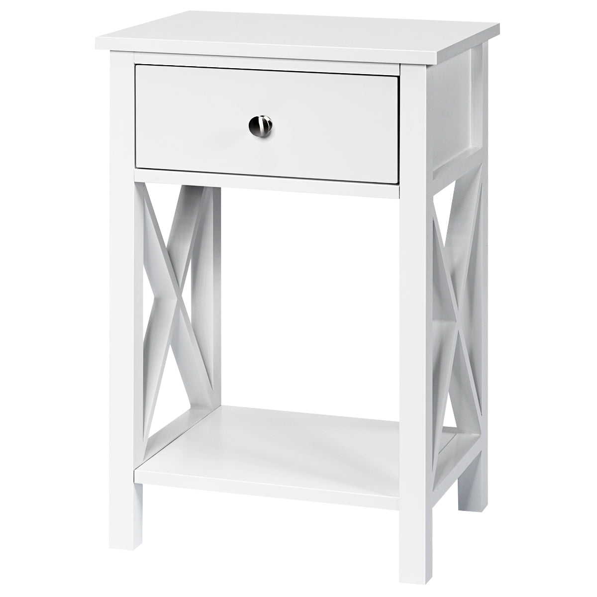 Topbuy 2-Piece X-Design Side End Table Multifunctional Nightstand with Drawer & Shelf White