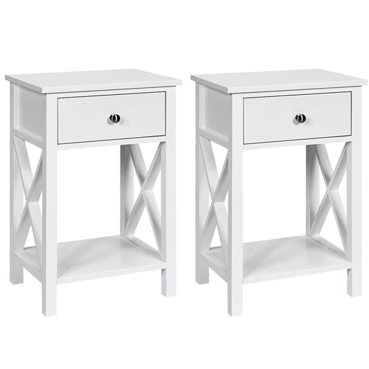 Topbuy 2-Piece X-Design Side End Table Multifunctional Nightstand with Drawer & Shelf White