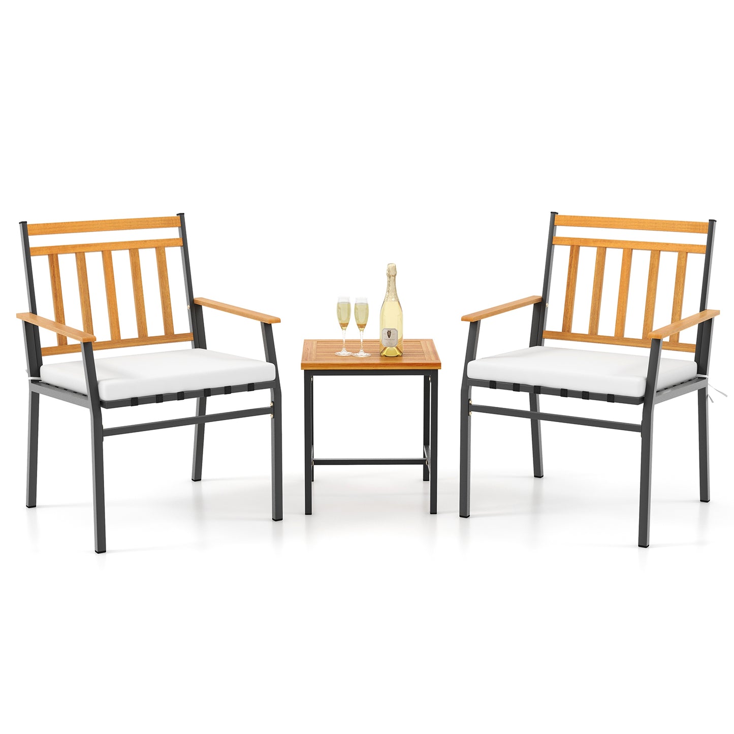 Topbuy 3 Pieces Acacia Wood Bistro Set Patio Conversation Set with Cushions and Coffee Table Outdoor Bistro Table and Chairs Set for Porch