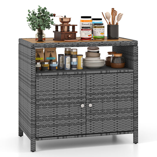 Topbuy Outdoor Rattan Storage Cabinet Patio Sideboard Buffet Cabinet with Acacia Wood Countertop Black/Brown/Grey