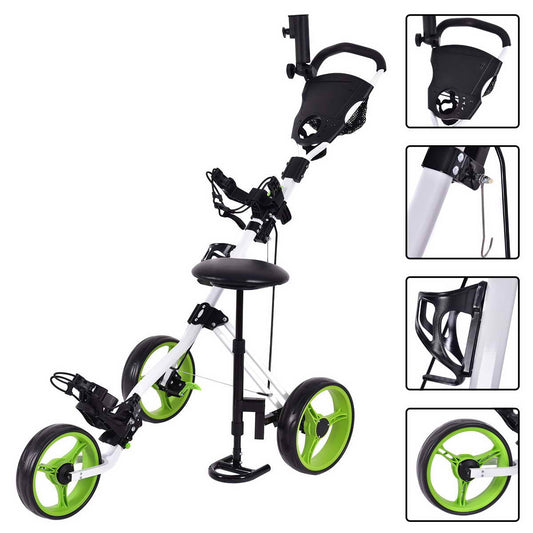Topbuy 3-Wheel Foldable Push Pull Club Trolley Golf Cart With Seat Scoreboard Bag Green