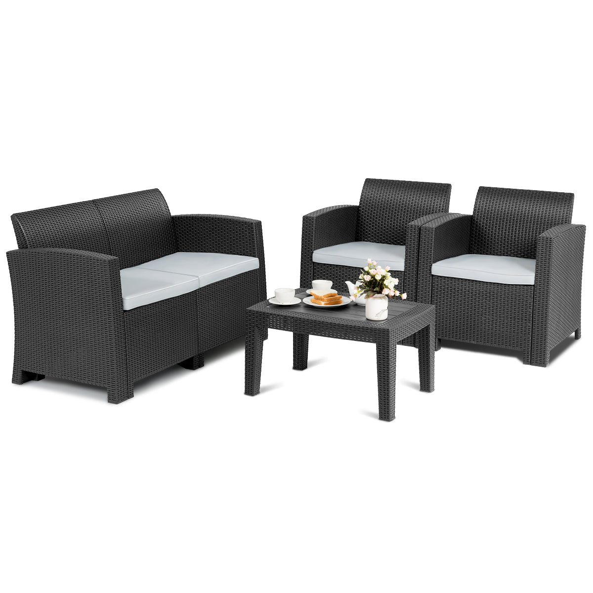 Patiojoy 4 PCS Rattan Wicker Plaited Patio Sectional Furniture Sofa Set Coffee