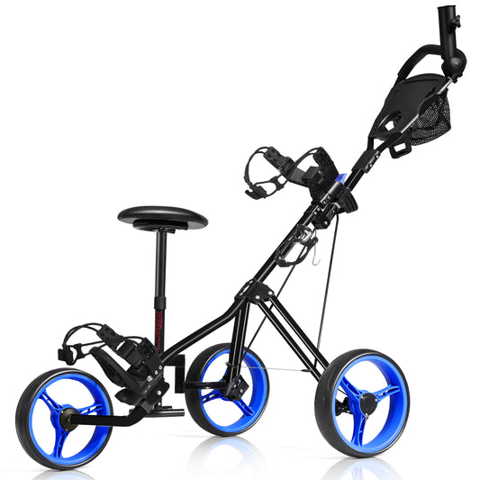 Topbuy 3-Wheel Foldable Push Pull Club Trolley Golf Cart With Seat Scoreboard Bag Red