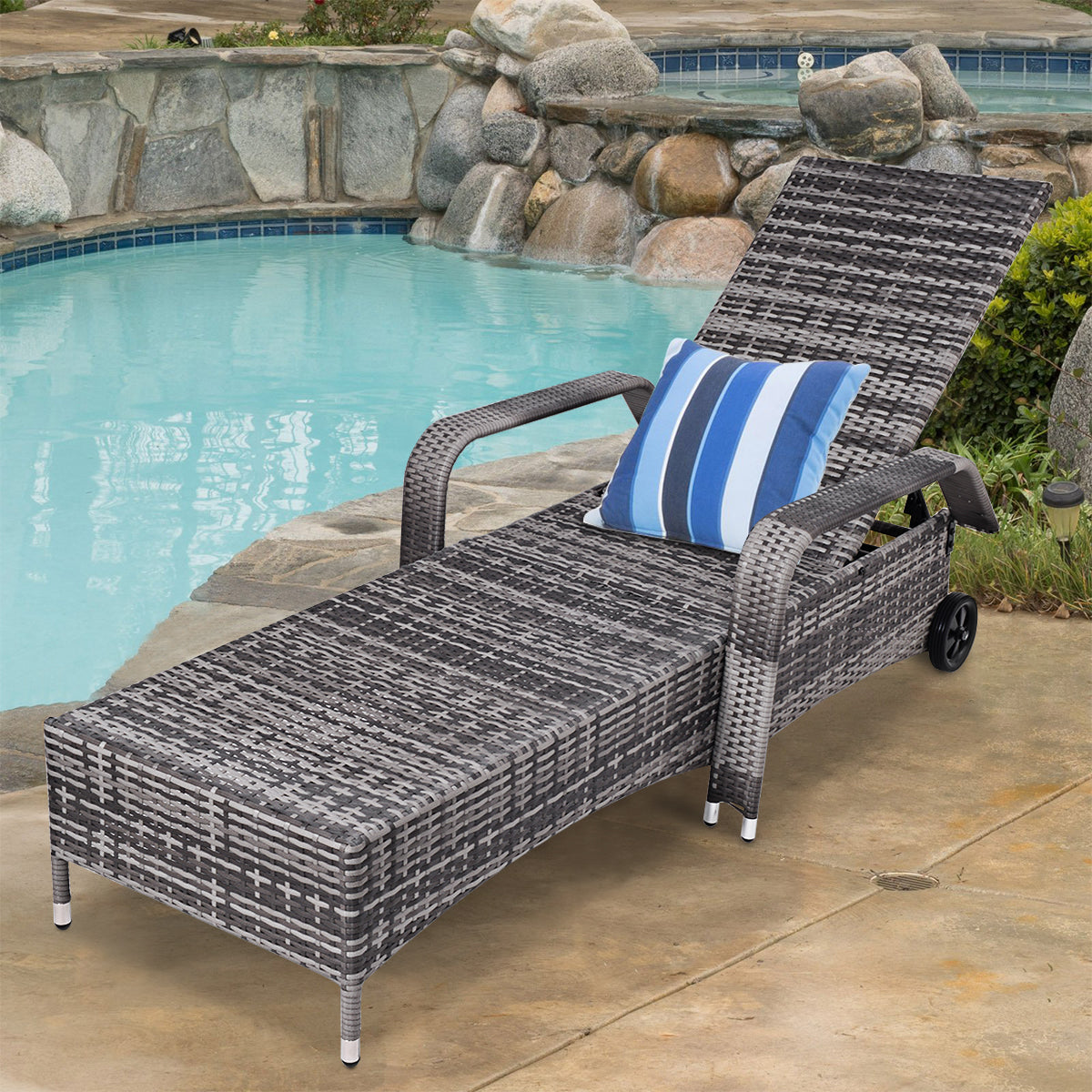 Patiojoy Adjustable Rattan Wicker Reclining Chair Wheeled Patio Chaise Lounge Gray