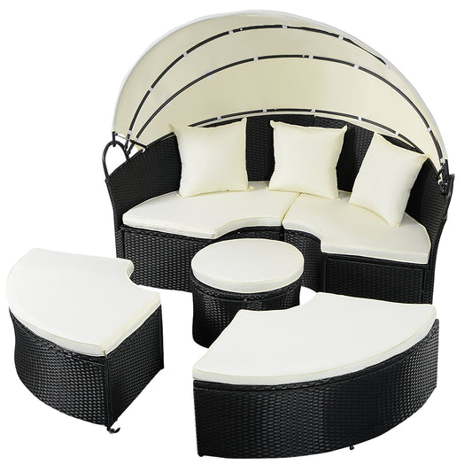 Patiojoy Patio Wicker Rattan Sofa Round Bed Outdoor Furniture w/ Sunshade Canopy