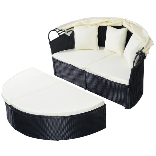 Patiojoy Outdoor Patio Wicker Rattan Sofa Round Bed Furniture w/ Canopy Cushion