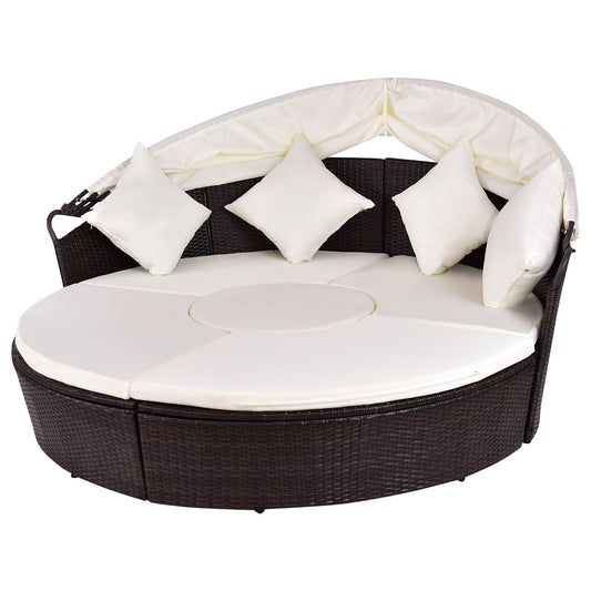 Patiojoy Patio Sofa Round Daybed Wicker Rattan Furniture Retractable Canopy Outdoor