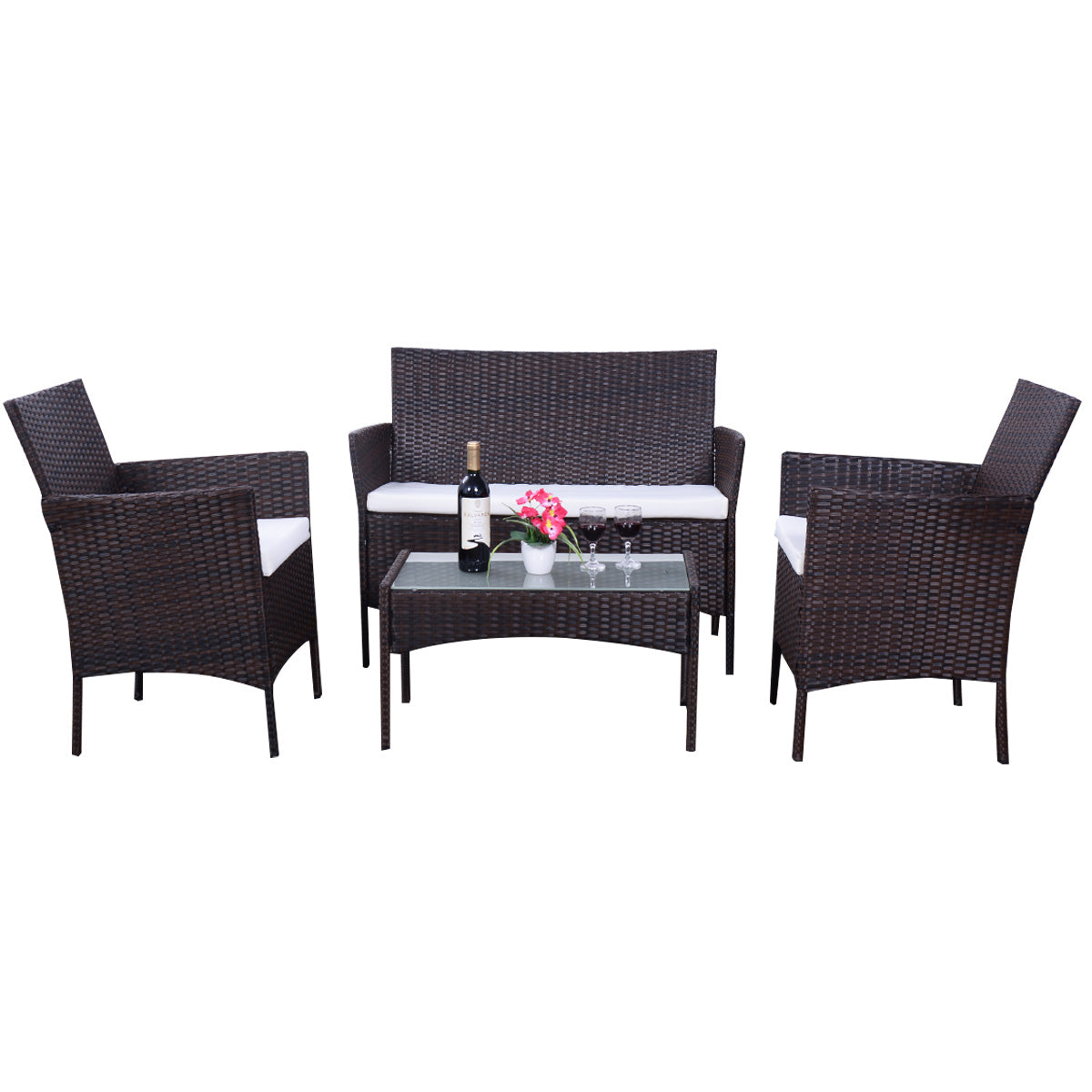 Patiojoy 4 PCS Patio Rattan Furniture Set Wicker Chair Sofa Table W/Cushion Outdoor Garden