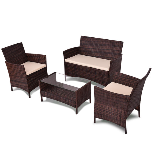 Patiojoy 4 PCS Patio Rattan Furniture Set Wicker Table Sofa Chair With Cushion Outdoor
