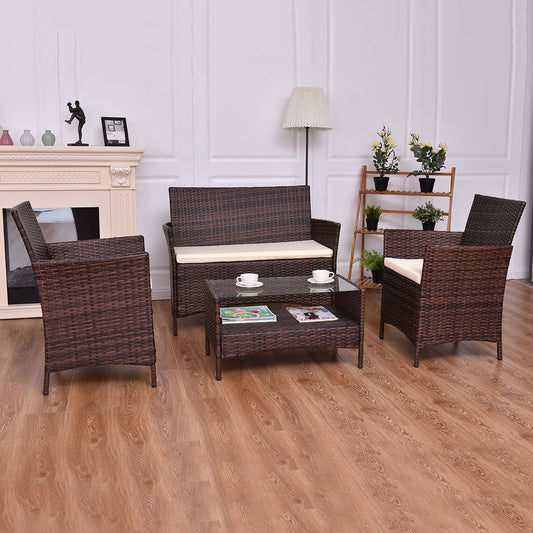 Patiojoy 4 PCS Patio Rattan Furniture Set Wicker Table Sofa Chair With Cushion Outdoor