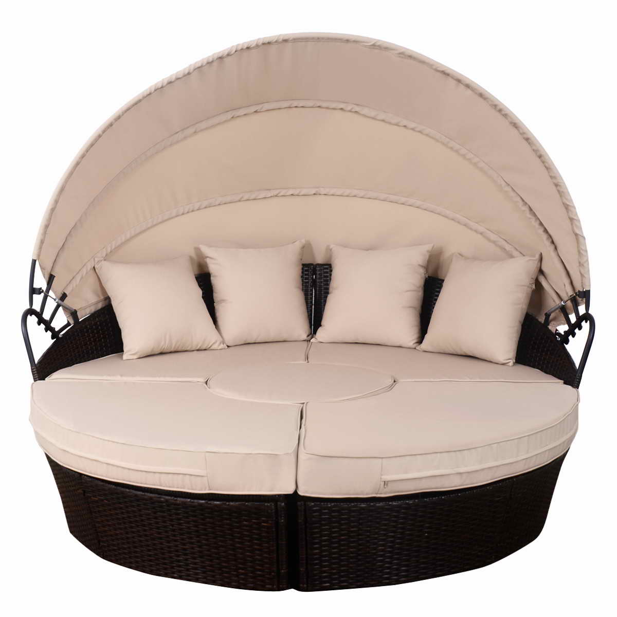 Patiojoy Outdoor Patio Sofa Round Daybed Wicker Rattan Furniture Retractable Canopy Mix Brown