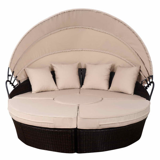 Patiojoy Outdoor Patio Sofa Round Daybed Wicker Rattan Furniture Retractable Canopy Mix Brown