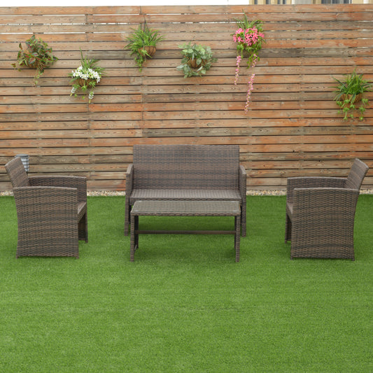 Patiojoy 4 PCS Outdoor Rattan Wicker Furniture Set Sofa Table Cushioned Patio Garden
