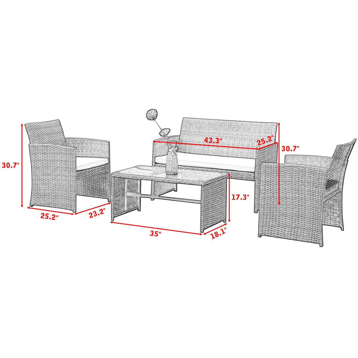 Patiojoy 4 PCS Outdoor Rattan Wicker Furniture Set Sofa Table Cushioned Patio Garden