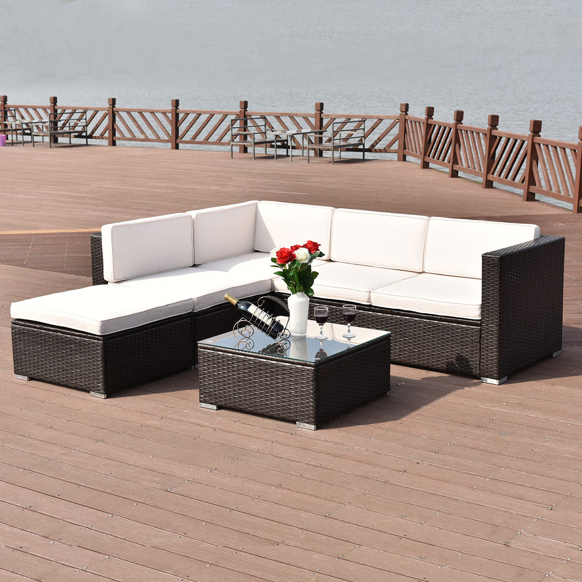 Patiojoy 4 PCS Outdoor Patio Rattan Furniture Set Wicker Loveseat Table Cushioned