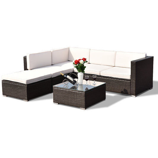 Patiojoy 4 PCS Outdoor Patio Rattan Furniture Set Wicker Loveseat Table Cushioned