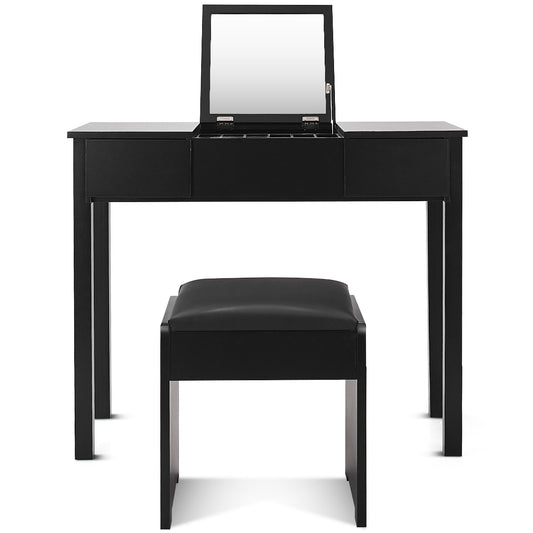 Topbuy 2 Drawers Make-up Mirror Set Vanity Dressing Table Flip-type Desktop with Stool White