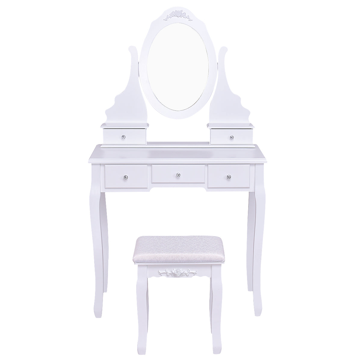 Topbuy Oval Vanity Mirror Dressing Table Beauty Dresser w/ Cushioned Bench White