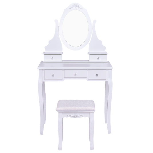 Topbuy Oval Vanity Mirror Dressing Table Beauty Dresser w/ Cushioned Bench White