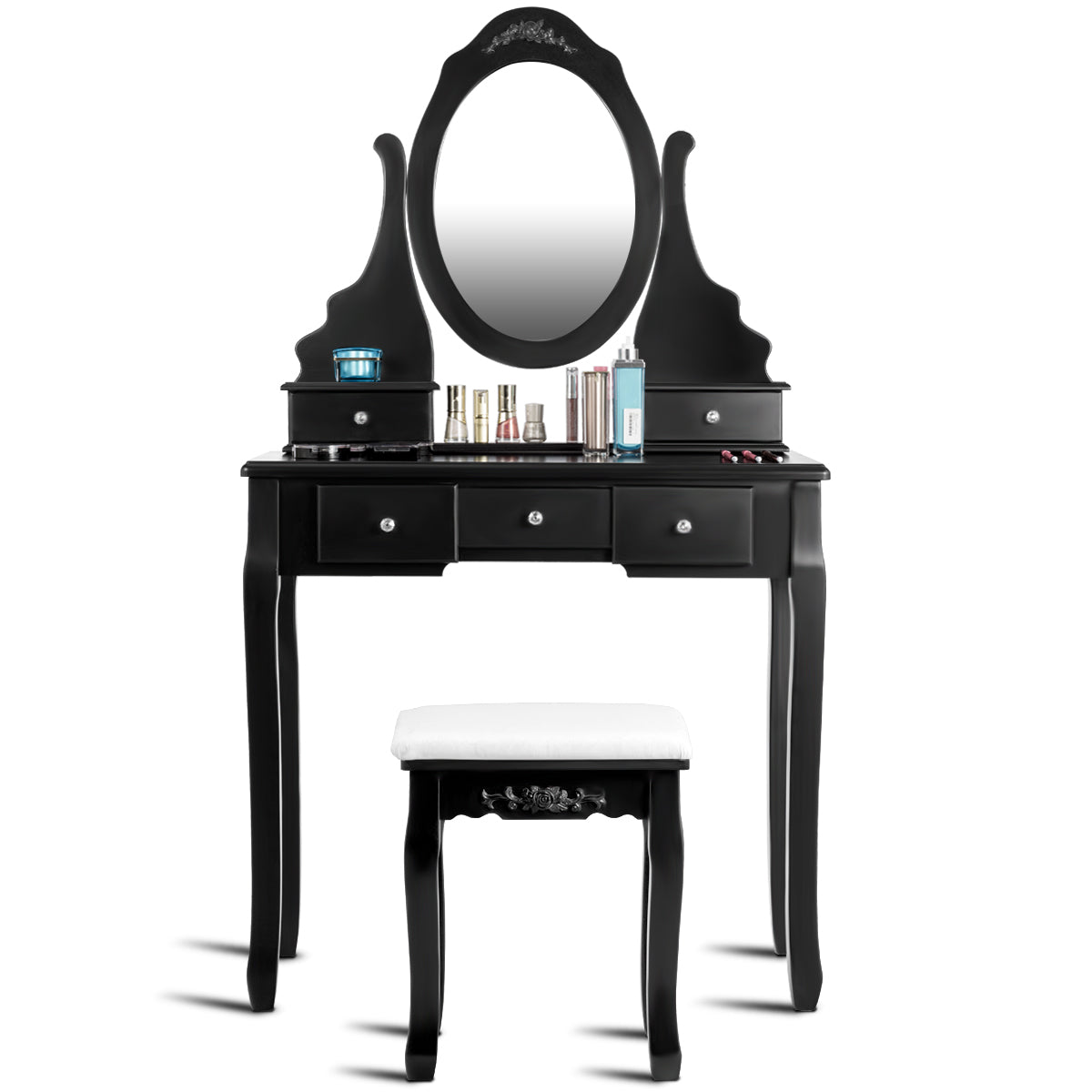 Topbuy Oval Vanity Mirror Dressing Table Beauty Dresser w/ Cushioned Bench Black