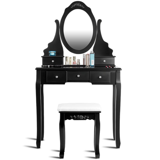 Topbuy Oval Vanity Mirror Dressing Table Beauty Dresser w/ Cushioned Bench Black