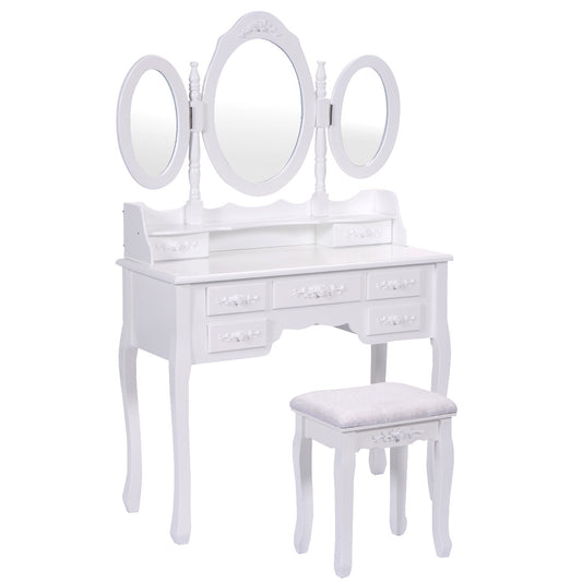 Topbuy Tri-folding Vanity Dressing Dask Display Table Stool Set Organizer w/ Removable Mirror