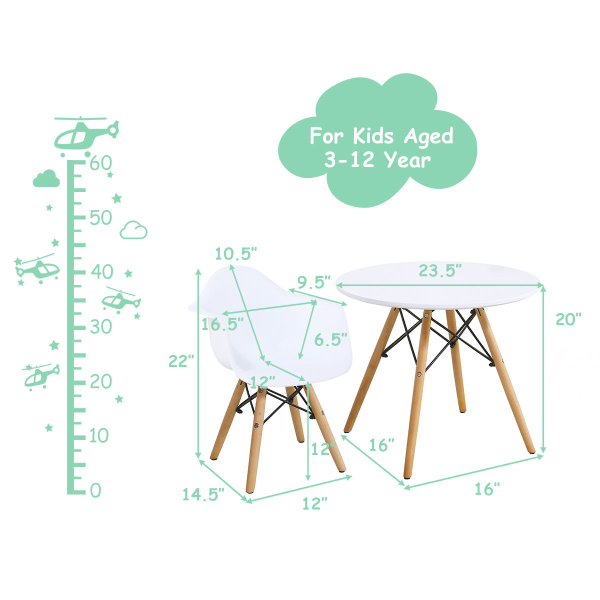 Costway Children Table & 4 Chairs Set Solid Construction 5 PCS Dining Table Toddler White