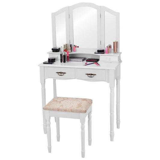 Topbuy Tri Folding Vanity Mirror Makeup Table Set w/4 Drawers & Stool Black