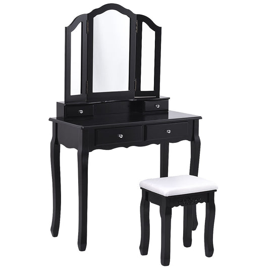 Topbuy Removable Tri-folding Mirror Vanity Table Unit Makeup Set w/ Stool & 4 Drawers