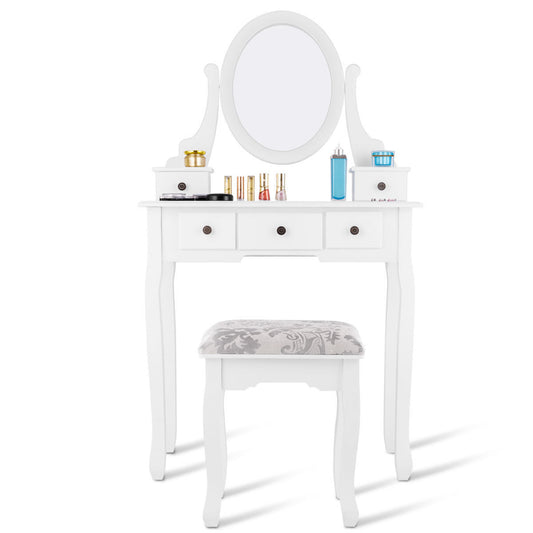 Topbuy Removable Mirror Vanity Table Unit Makeup Set w/ Padded Stool & 5 Dawers White