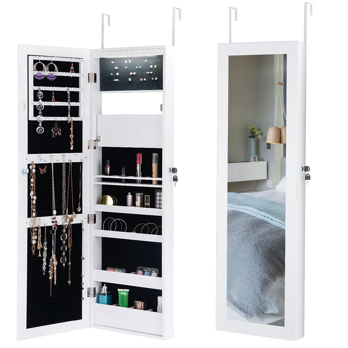 Topbuy Lockable Armoire Dressing Organizer Wall Door Mounted Mirrored Jewelry Cabinet w/ LED Lights