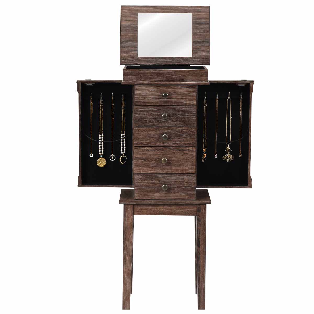 Topbuy Free Standing Jewelry Cabinet Chest Organizer w/ Mirror & Swing Doors Coffee