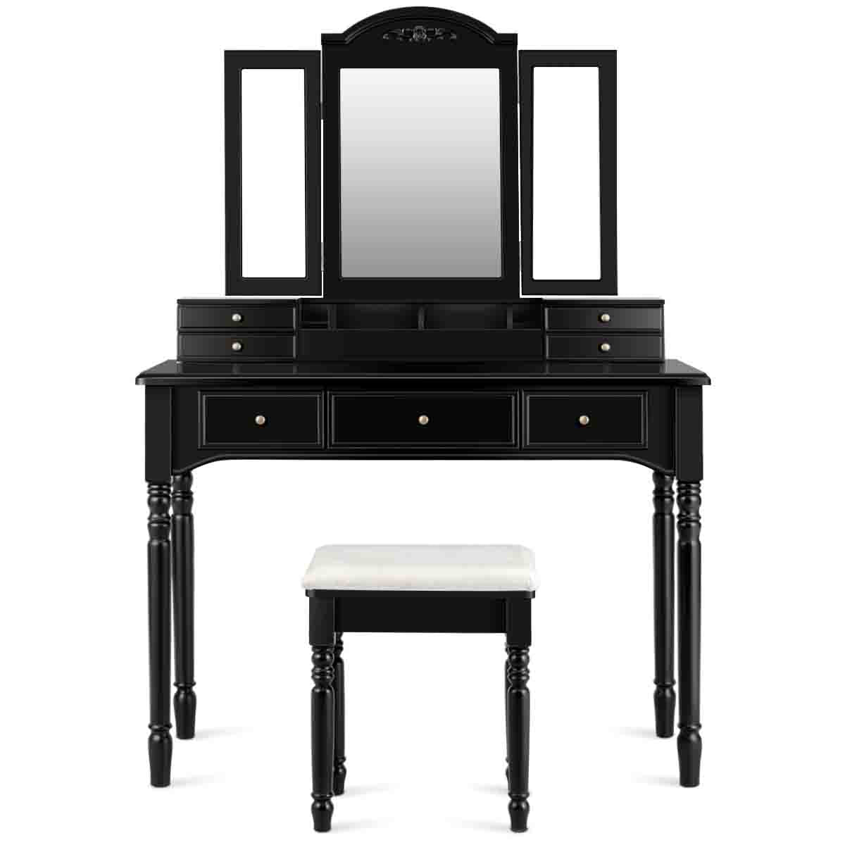 Topbuy Vanity Makeup Dressing Table Set w/ Drawer Mirror Necklace Hook Black
