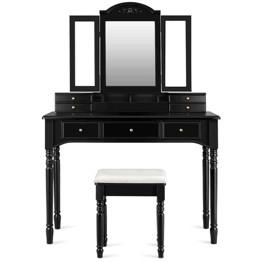 Topbuy Vanity Makeup Dressing Table Set w/ Drawer Mirror Necklace Hook Black