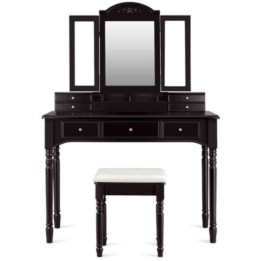 Topbuy 7 Drawers Tri-Folding Vanity Mirror Makeup Dressing Table Set w/ Necklace Hook Coffee
