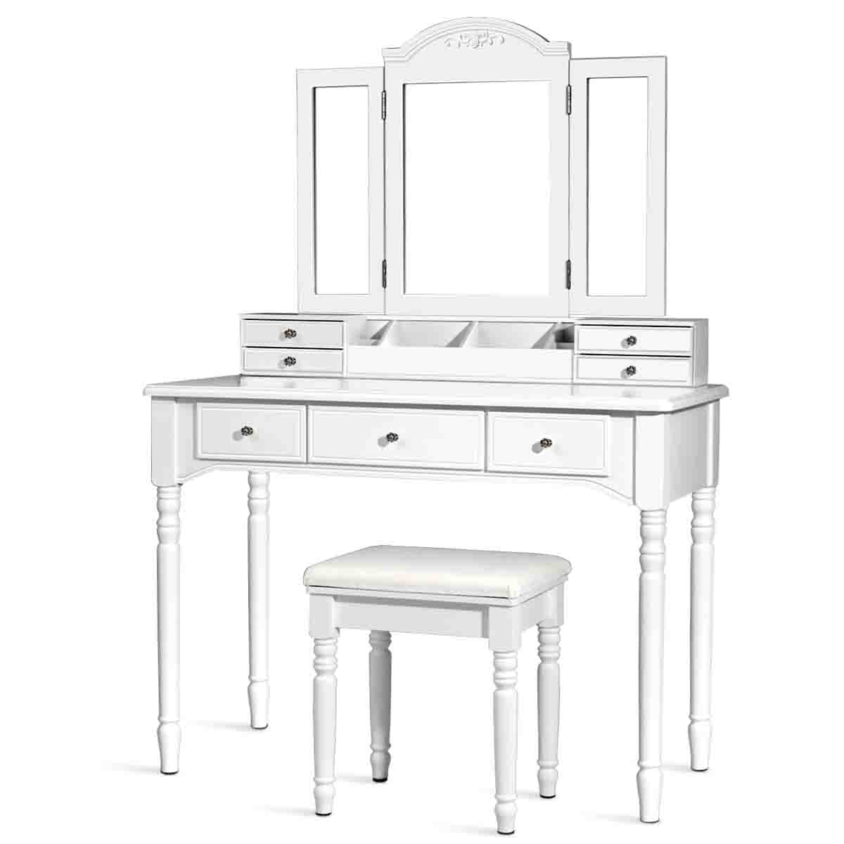 Topbuy Vanity Makeup Dressing Table Set with Drawer Mirror Necklace Hook White