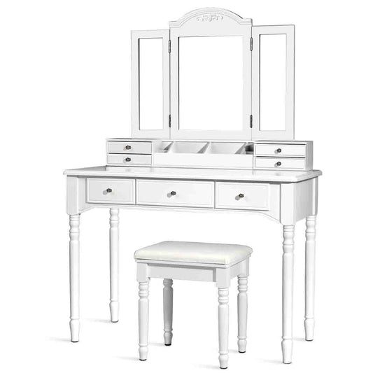 Topbuy Vanity Makeup Dressing Table Set with Drawer Mirror Necklace Hook White