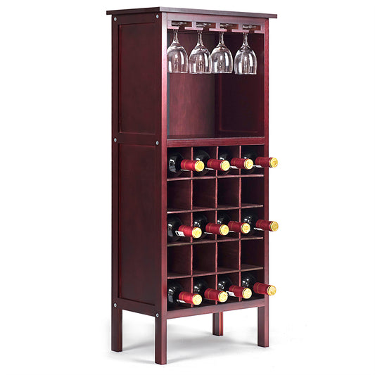 Topbuy Wood Wine Rack Storage Cabinet 20 Bottles Display Home Bar with Glass Holder Burgundy
