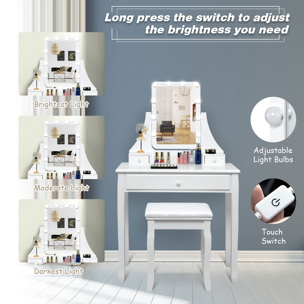 Topbuy Make-Up Vanity Table Dresser Set w/LED Light & Padded Stool